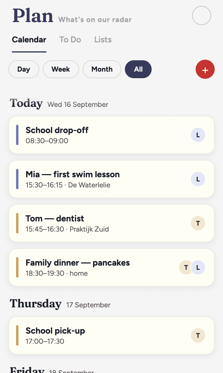 The calendar in the Fred app: the family’s events and who’s on each of them.