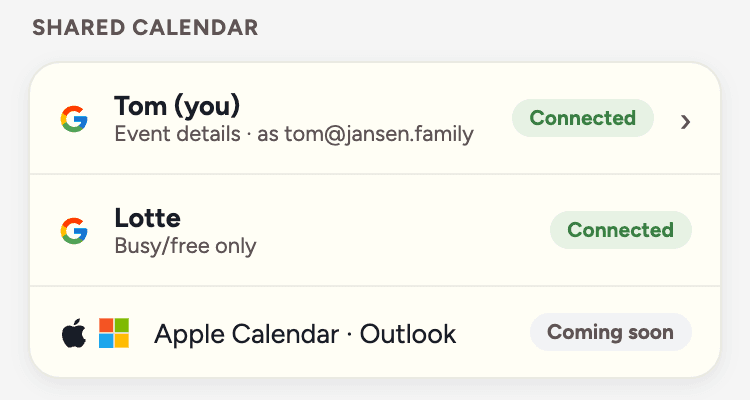 Settings → Integrations in the Fred app: both parents’ Google calendars connected, one sharing event details, one busy/free only.