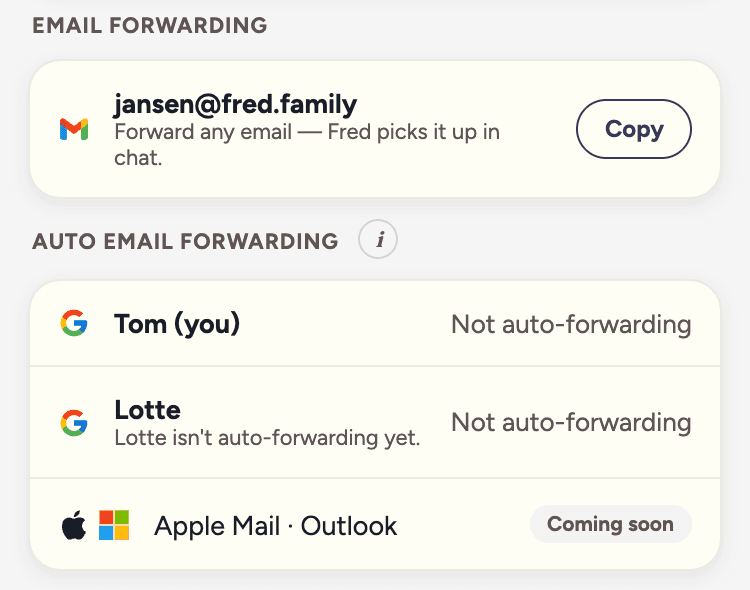 Settings → Integrations in the Fred app: the family’s Fred email address with a copy button, and each parent’s auto-forwarding status.
