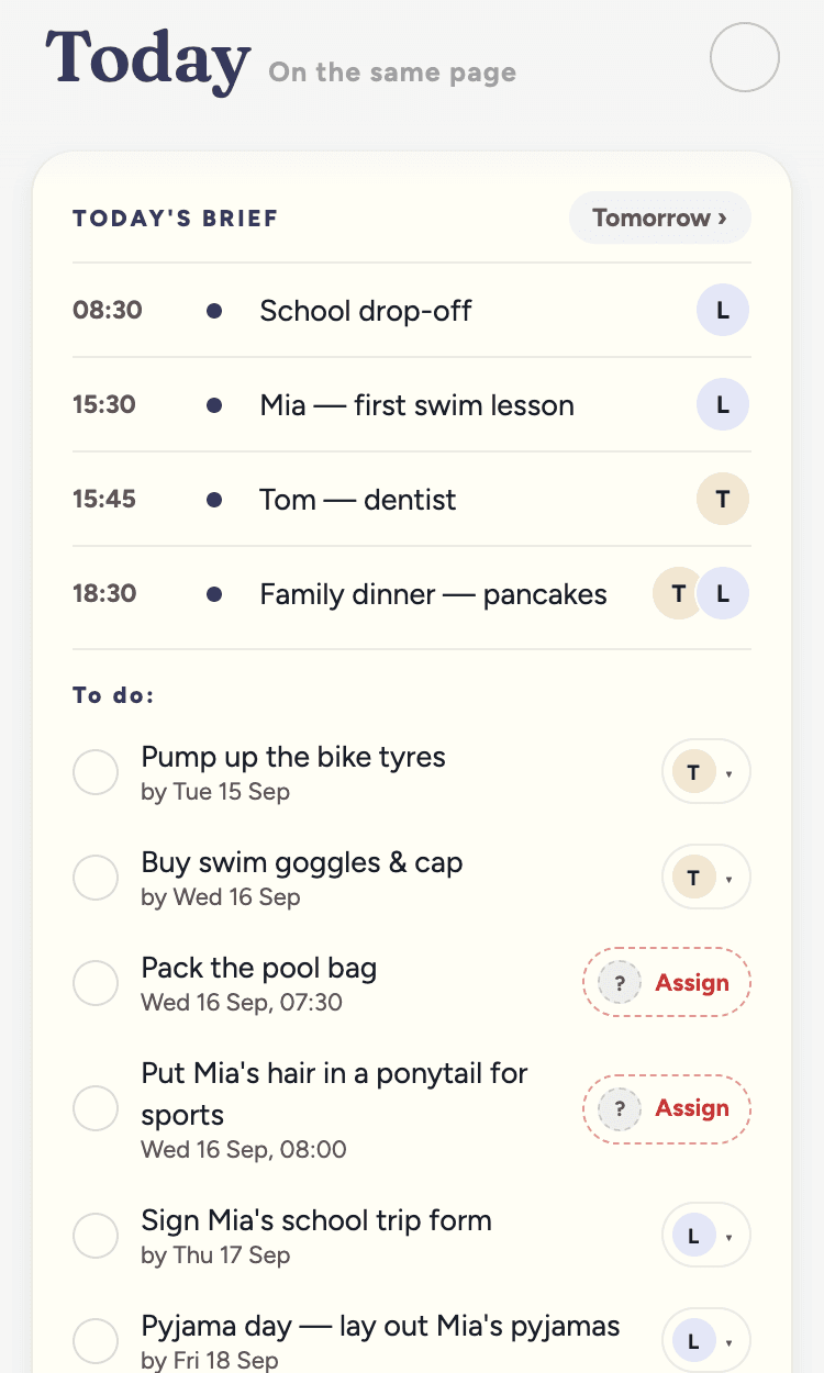 The Today screen in the Fred app: today’s schedule and the to-dos that are due.