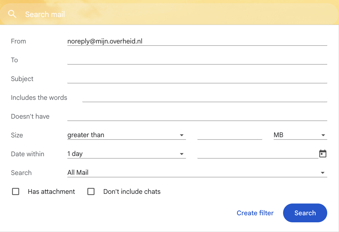 Gmail search options panel with the Create filter button